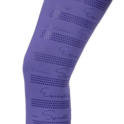 Legging desportiva roxa com padrão de pontos e texto 'Equestrian Sports'