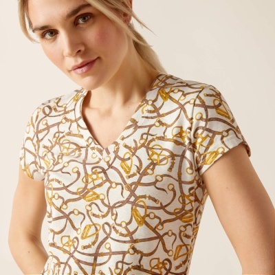 T-shirt feminina estampada com decote em V e mangas curtas