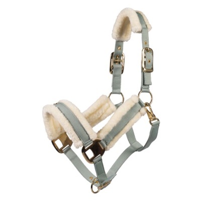 Cabresto de cavalo verde com pelúcia branca e ferragens douradas