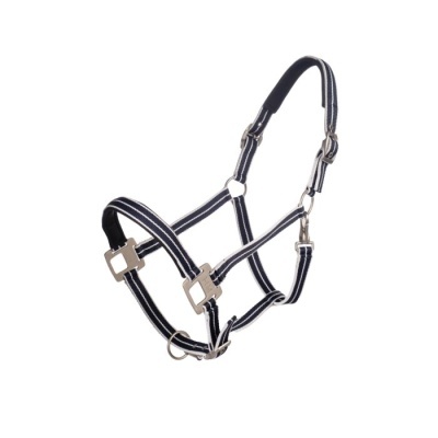 Cabresto para cavalo azul escuro e branco com fivelas metálicas