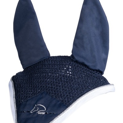 Protetor de orelhas para cavalo azul escuro com borda branca e bordado de cavalo