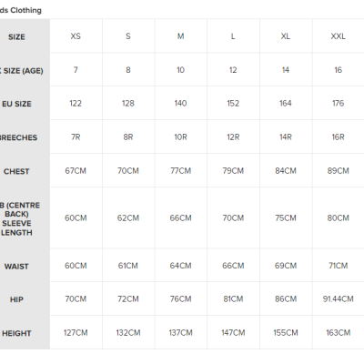 Tabela de tamanhos para roupa infantil com várias medidas em centímetros