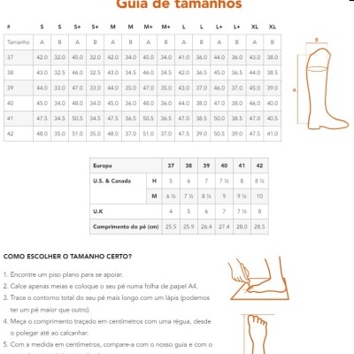 Guia de tamanhos de calçado com tabela e instruções de medição do pé