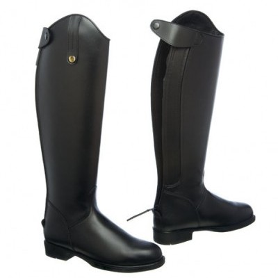 Botas de equitação pretas em couro liso com fecho e aba ajustável