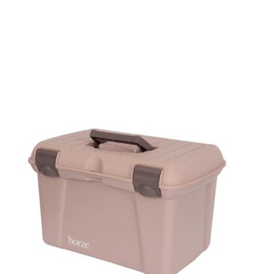 Caixa de armazenamento bege com tampa texturizada e fechos castanhos