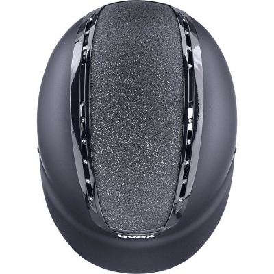 Capacete de equitação preto com faixa brilhante prateada e aberturas laterais