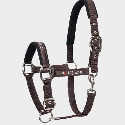 Cabresto castanho de nylon com acolchoamento preto e etiqueta 'EQUILINE'