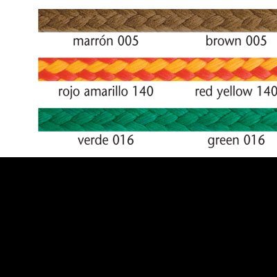 Três amostras de cordões trançados com legendas de cores em espanhol e inglês