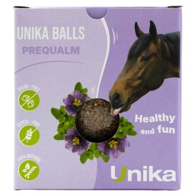 Embalagem roxa de suplemento alimentar para cavalos UNIKA BALLS PREQUALM com imagem de cavalo