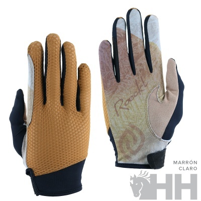 Par de luvas castanho claro, bege e preto com logo HH e texto Roots