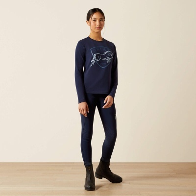 Conjunto desportivo feminino azul escuro com padrão de cavalo branco