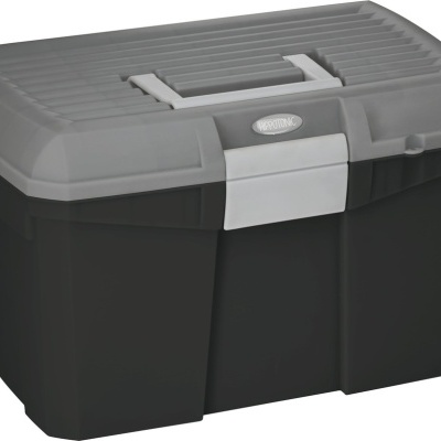 Caixa de arrumação preta e cinzenta de plástico com pega e tampa estriada