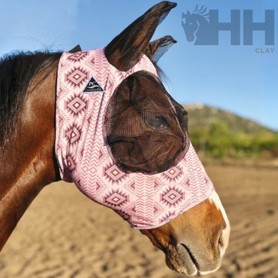 Máscara de protecção para cavalo com padrão geométrico rosa e preto e redes negras para orelhas e olhos