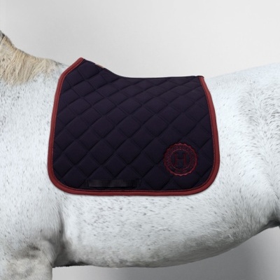 Manta de sela azul escuro acolchoada com bordas vermelhas numa cavalo branco malhado
