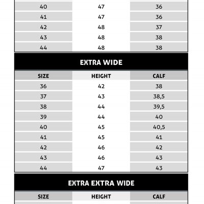 Tabela de tamanhos para medição normal, extra larga e extra extra larga em centímetros.