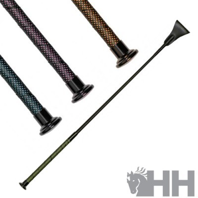 Rédeas para equitação coloridas com padrão de pontos e peça preta longa com pega verde e logotipo HH