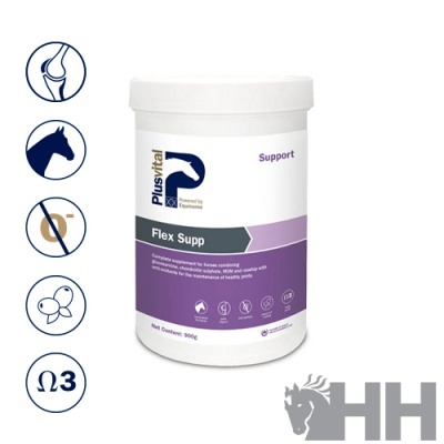 Embalagem de suplemento para cavalos Plusvital Flex Supp com rótulo roxo e branco