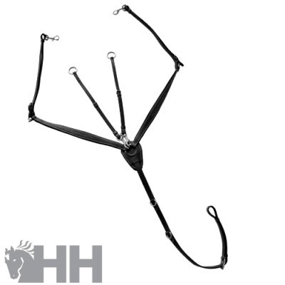 Arreio de treino para cavalo em couro preto com argolas metálicas prateadas