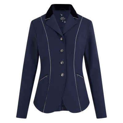 Blazer feminino azul escuro com botões e pespontos brancos