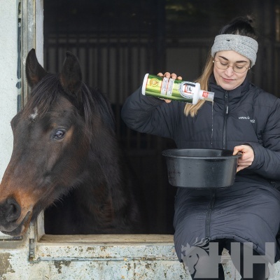 Mulher a deitar líquido de um frasco branco para um recipiente preto ao lado de um cavalo castanho.