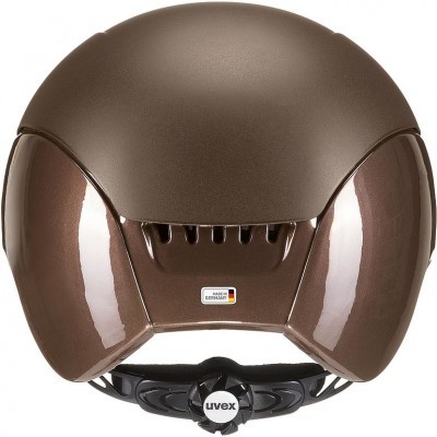 Capacete castanho metálico com etiqueta Made in Germany e fecho preto uvex