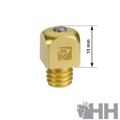 Conector metálico dourado com rosca e botão prateado de 13 mm de altura