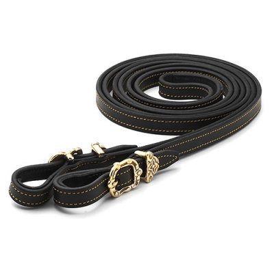 trela para cão preta em couro com fivelas douradas