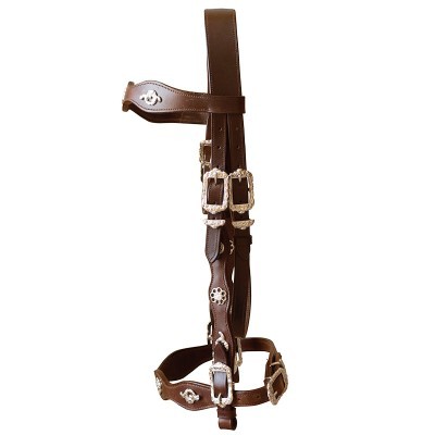 Cabresto de cavalo castanho com fivelas metálicas prateadas