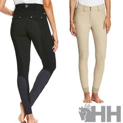 Duas calças de equitação femininas, uma preta e outra bege, com detalhes antiderrapantes e fechos na frente.