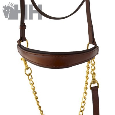 Cabeçada para cavalo em couro castanho com corrente dourada
