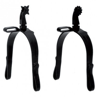 Par de esporas de metal pretas com decoração de cabeça de cavalo