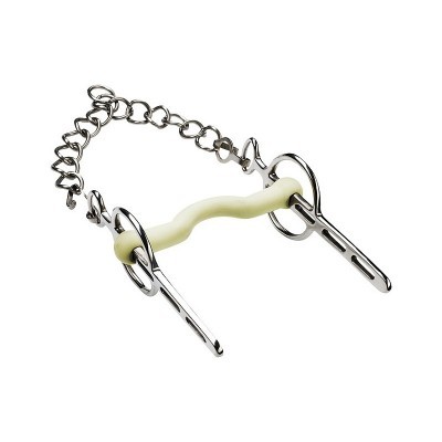 Bocado de cavalo em material creme e metal prateado com corrente