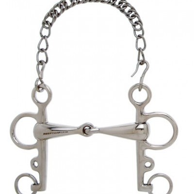 Freio metálico prateado para cavalo com corrente e anéis circulares