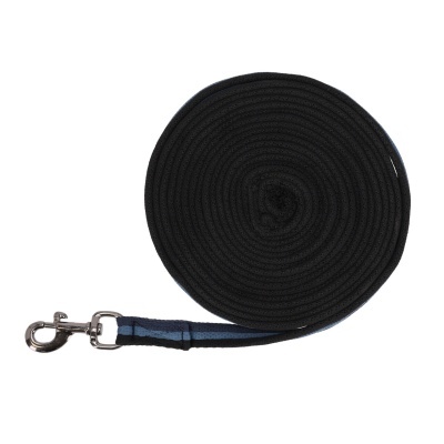 Trela para cão enrolada preta com listra azul e fivela metálica