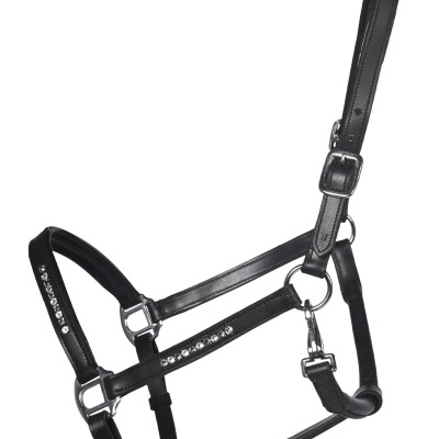 Cabresto de cavalo preto com cristais e detalhes metálicos
