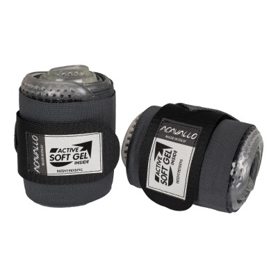 Bandagens elásticas pretas com interior de gel transparente e etiquetas com texto