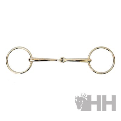 Freio metálico prateado para cavalo com argolas redondas e peça central articulada