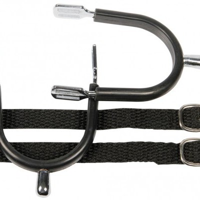 Par de esporas metálicas com tiras pretas de tecido e fivelas prateadas