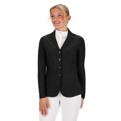 Blazer feminino preto texturado com botões e gola de lapela