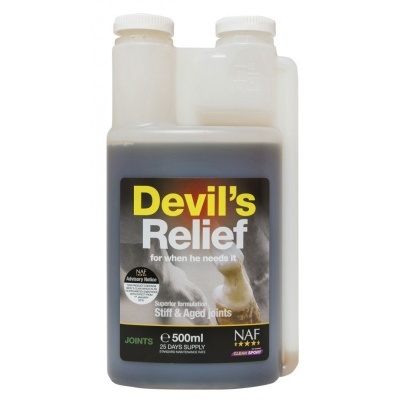 Frasco branco com líquido escuro e rótulo 'Devil's Relief' para articulações rígidas