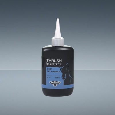 Frasco plástico preto com tampa branca e rótulo azul e preto com texto 'THRUSH treatment'