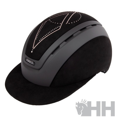 Capacete de equitação preto com detalhes prateados e faixa cinza escura