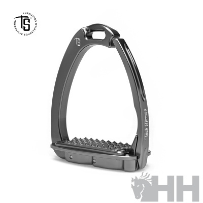 Estribo preto de metal com piso antiderrapante e texto Tech Stirrups