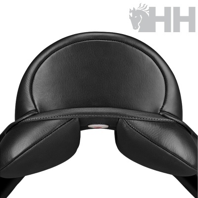 Sela de equitação preta em couro com logo HH e cavalo cinzento