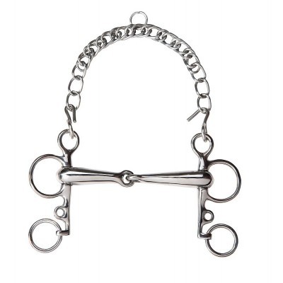 Freio em metal prateado com bocal articulado e corrente