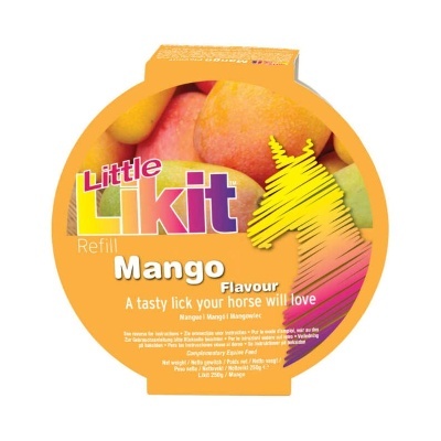 Embalagem redonda laranja de produto Little Likit sabor manga com imagem de mangas