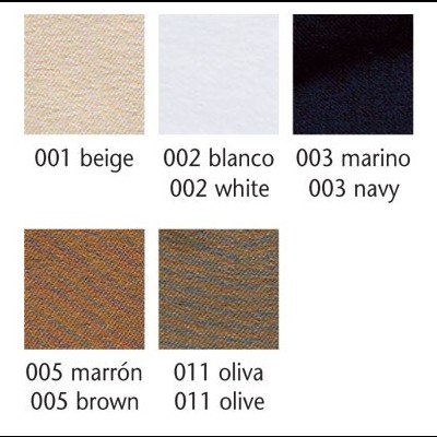 Amostras de tecido em seis cores distintas com códigos e nomes em espanhol e inglês