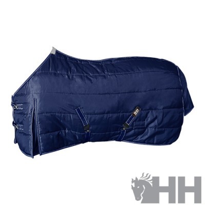 Cobertor para cavalo azul escuro acolchoado com fechos metálicos, fundo branco