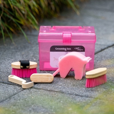 Conjunto grooming para cavalos com escovas rosa e esponja em forma de cavalo