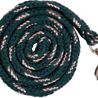 Trela trançada verde escura com linhas brancas e castanhas e mosquetão metálico